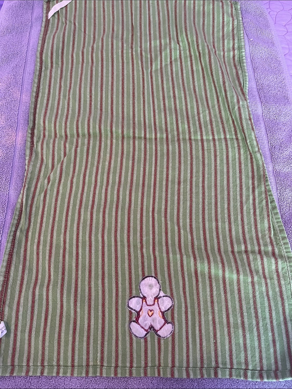 Christmas Gingerbread Man Green Red Striped Cotton Holiday Tea Towel - Picture 3 of 4